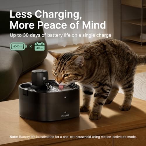 PETUNO Cordless Cat Water Fountain, 2.3L, Battery Operated, Black — view 4