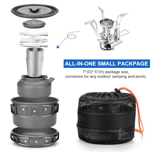 Odoland Camping Cookware Mess Kit with Stove, Lightweight Outdoor Pot Pan Kettle with 2 Cups, Fork Spoon Cookware Set Carabiner Backpacking Picnic Gear for Trekking and Hiking for 2 People — view 2