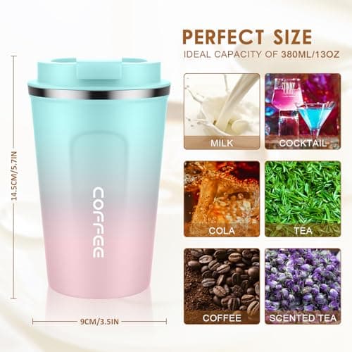 MOMSIV Coffee Cup, 380ml Vacuum Reusable Leakproof Double Wall Coffee Cup, Insulation Stainless Steel Eco-Friendly Travel Office Mug for Hot Coffee Tea and Cold Drinks, Green-Pink — view 2