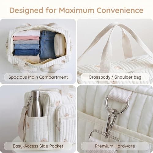 Quilted Duffle Bag for Women, Cotton Canvas Travel Duffel & Hospital Bag, Large Weekend Bag Maternity Nappy Bag, Carry On Holdall for Travel, Gym, Overnight Stays, Underseat Flight Bag - Bear Pattern — view 3