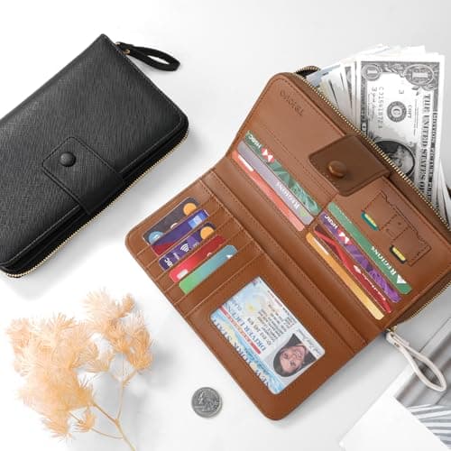TiMOVO RFID Leather Wallet with Wrist Strap for Women, Beige + Brown — view 3