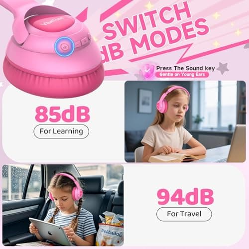 VibeTune Kids Bluetooth Headphones, 60H Playtime, Volume Limited 85/94dB, Bluetooth 5.4, Type-C Fast Charging, Foldable Wireless Headphones for Kids, Toddler Headsets with HD Mic (Pink) — view 5
