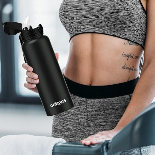 GOPPUS 1.2L/40oz Stainless Water Bottle with Straw Double Wall Insulated Bottles with Strap Large Vacuum Thermal Flask Leakproof Keep Cold Drinks Bottles with Flip Top Lid for Men Women BPA Free — view 6