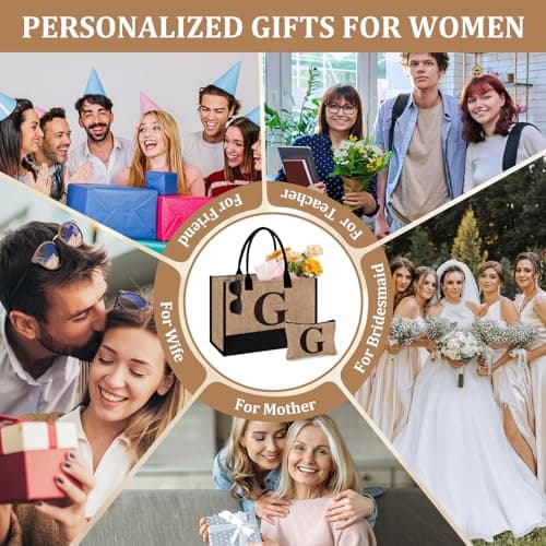 Tecanne Initial Jute Tote Bag & Makeup Bag, Birthday Gifts for Women Her Mum Teacher, Suitable for Wedding, Beach, Holiday (G) — view 2