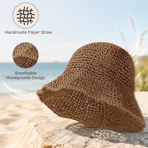 AXXSIL Straw Bucket Hats Women, Foldable Wide Brim Sun Hat Khaki — view 5