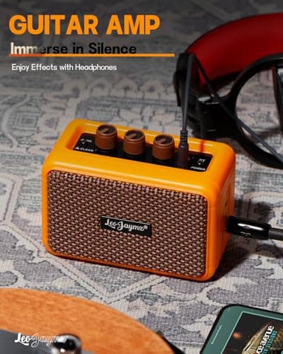 Leo Jaymz 5W Mini Guitar Amp, Portable BT Electric Guitar Amplifier, Dual Speaker Rechargeable, Clean & Overdrive Tone, Headphone Jack for Home Bedroom Travel Practice (Orange) — view 4