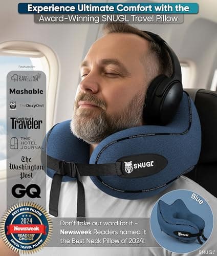 SNUGL Travel Pillow – Memory Foam Neck Pillow for Travel – Support Cushion for Airplane with Carry Bag & Clip - Holiday Essentials (Blue - Adult Small) — view 2