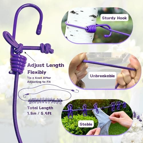 Travel Washing Line 1.8m Heavy-Duty Travel Clothes Line with 12 Pcs Adjustable Clips Elastic Slip-Resistant Windproof Retractable Washing Lines Portable for Holidays Camping Essentials Balcony Laundry — view 4