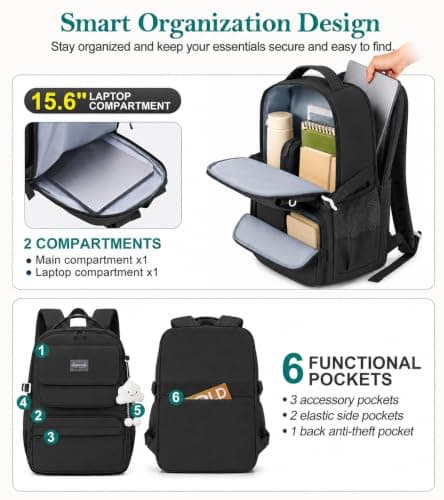 FIORETTO 25L School Bag for Girls & Teens, Womens Backpack Rucksack with Organized Pockets, Trolley Strap & Chest Buckle, Fits 15.6" Laptop, Ideal for School, Travel & Daily Use Black — view 3