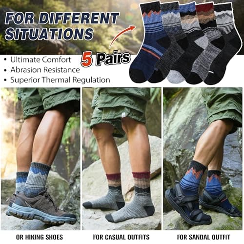 Sandsuced Mens Merino Wool Hiking Socks Thermal Cosy Walking Winter Warm Crew Breathable Socks Stocking Fillers 5 Pairs(Assorted Blue,7-11) — view 6