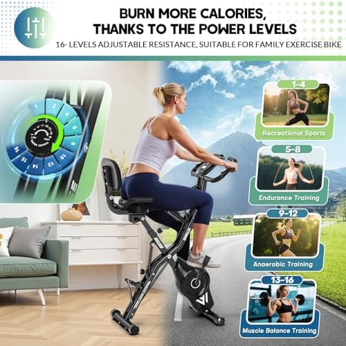 Exercise Bike, 5-in-1 Quiet Folding Exercise Bikes for Home Use, 16 Level Adjustable Magnetic Resistance Foldable Stationary Exercise Bike, LCD Display with Heart Rate, 350LBS Capacity Comfort Seat — view 6