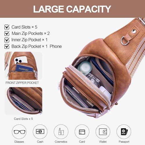 Lexiyat Anti Theft Crossbody Bags for Women Travel Chest Sling Bag Leather Handbags Fanny Pack Brown — view 4