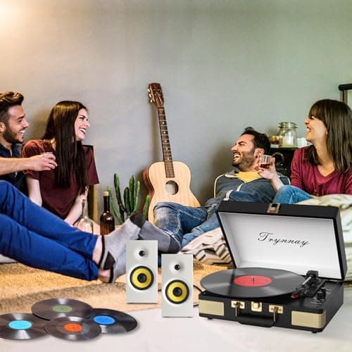 Trynnay Record Player 3 Speed Bluetooth Portable Suitcase Vinyl Player with Built-in Speakers Turntable Enhanced Audio Sound Waxed Leather Vintage Black — view 6