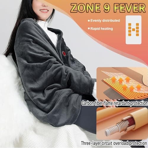 Atwnjkp USB Heated Blanket, Electric Blanket Throw with 3 Heating Levels & 9 Heating Zones, Portable Wearable Soft Flannel Heated Shawl for Home Office Couch Camping, Machine Washable, Black — view 4