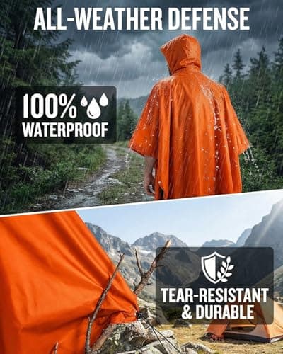 Victoper Waterproof Poncho Adult, Lightweight Reusable Rain Poncho Adult Waterproof for Outdoor Hiking Camping Cycling Traveling Waterproof Raincoat with Emergency Grommet Corners Orange — view 3