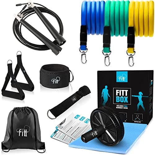 Fittbox Strength Training Equipments | Gym Equipment For Home | 3 Piece Resistance Bands | Ab Wheel Roller With Knee Pad | Speed Skipping Rope | Complete Workout Guide | Home Gym Fitness Equipment |