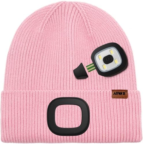 ATNKE Kids LED Lighted Beanie Hat with Lined Fleece, USB Rechargeable 4 LED Running Headlamp Ultra Bright Hands Free Head Torch Winter Warm Knit Skull Cap Gifts for Boys and Girls/Pink — view 3
