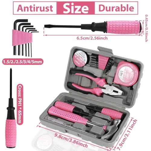 Pink Tool Kit—13Pcs Household DIY Hand Tool Set Multi-Purpose Home Repair Tool Box Include Hammer Allen Key Set Electrical Tape Screwdriver Test Pen Plier Bits (13pcs) — view 3