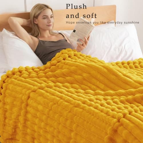 Exclusivo Mezcla Soft Striped Fleece Blanket, Yellow Fluffy Sofa Bed Throw — view 2