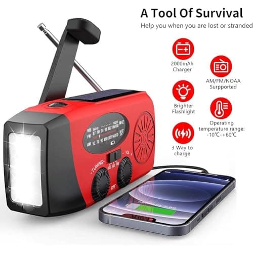 Portable Emergency Radio, Wind Up Solar Hand Crank Powered Weather Radio with AM/FM Tuner 2000mAh USB Phone Charger SOS Alarm LED Flashlight for Household Outdoor Camping Hiking (red) — view 3