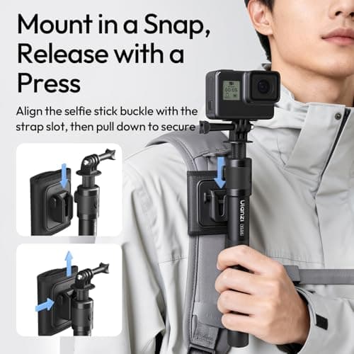 Ulanzi VL04 Selfie Stick w Backpack Mount Shoulder Strap, Extended Monopod Pole with Go pro Action Camera Adapter, Handheld Travel Pole w 1/4" Screw for Insta360 x5/4/3, DJI Pocket 3/Osmo Action 5/4 — view 3