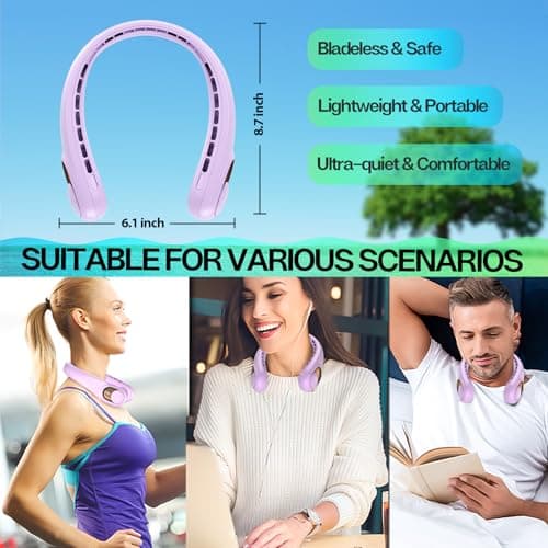 Neck Fan, Portable Bladeless Neck Fans with LED Display, 360° Airflow, 4000mAh Rechargeable Battery, Super Quiet Hands-Free Personal Wearable Fan for Indoor Outdoor, Pastel Purple — view 6