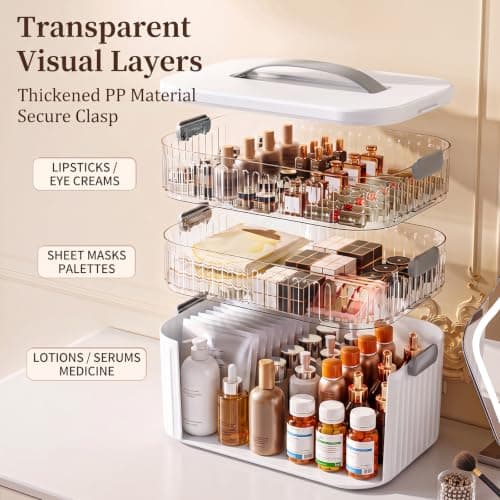 Medicine Storage Box, 3 Layer Multi Purpose Organizer with Portable Handle and Secure Buckle Latch, Large Heightened Desktop First Aid Medication Organizer Case for Pantry Home Office Car Travel-White — view 5
