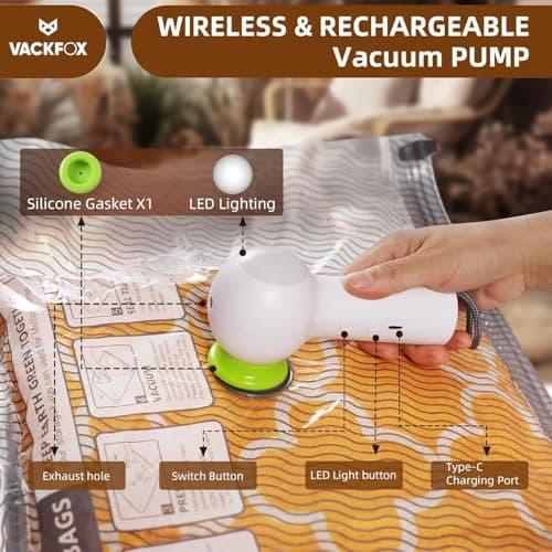 VACKFOX 12 Pack Vacuum Bags for Travel with Rechargeable Air Pump & LED Light,Vacuum Travel Bags,Vacuum Storage Bags(4L+4M+4S),80% Space Saver Vacuum Seal Bags for Blankets,Comforters,Luggage — view 3