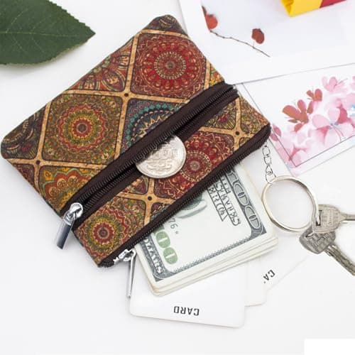 Eco-friendly Natural Cork Coin Purse, Boshiho Mini Coin Change Wallet Credit Card Holder Zipper Pouch Vegan Wallet with Key Ring Keychain, Pattern B, 4.3 x 3.3 x 0.2 inch, Fashion — view 2