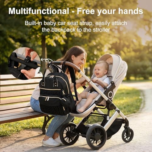 shaojian Baby Changing Bag Backpack, Quilted Waterproof Nappy Bag with Insulated Bottle Pockets & Pram Straps, Large Nappy Backpack with Portable Changing Mat for Travel & Walking(Black) — view 6
