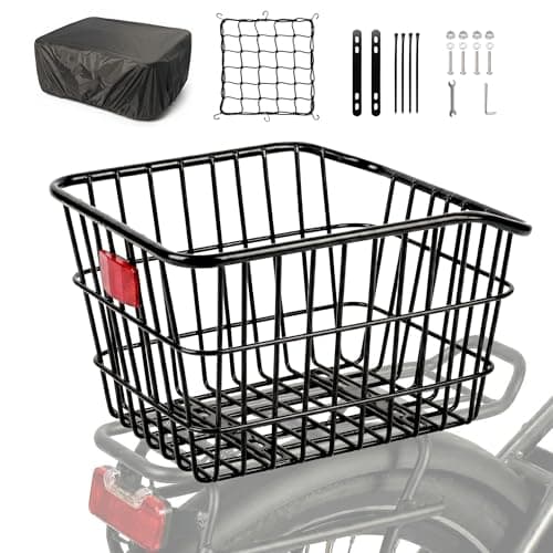HopesEager Rear Bicycle Basket with Rain Cover and Luggage Net Generous, Strong and Durable Metal Bicycle Basket for Most Bikes and E-Bikes
