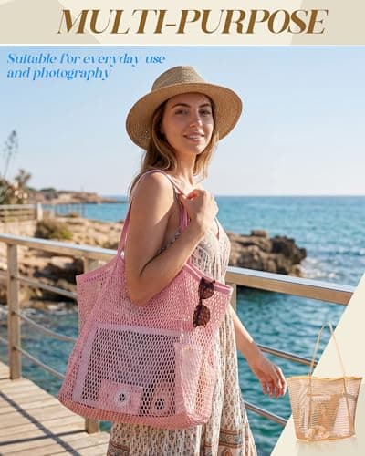 Cunno 6 Pieces Mesh Beach Tote Bag for Women Summer Waterproof Sandproof Shoulder Bag for Travel Vacation Shopping Picnic, Pink, 19.7" x 13" x 6.3", Casual — view 5