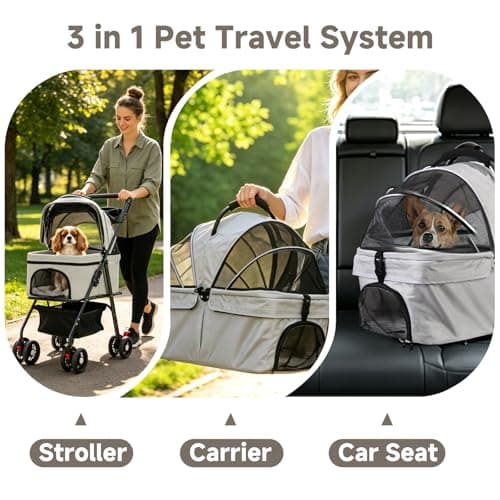 AODI Pet Stroller for Small Dogs and Cats with 4 Wheels, 3 in 1 Foldable Dog Stroller with Detachable Carrier, Breathable Mesh, Storage Basket & Cup Holder, Up to 15 kg (Black) — view 6