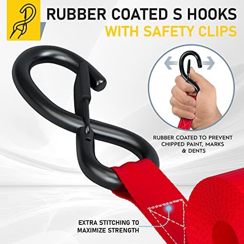 AUGO Ratchet Tie Down Straps –4 PK– 4.5m – 1000 KG Break Strength – Safety Lock S Hooks –for Moving Cargo, Appliances, Lawn Equipment, Motorcycle – Includes 2 Bungee Cords, 4 Soft Loops, Storage Bag — view 3