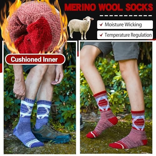 Welwoos Merino Wool Walking Hiking Socks for Women Men Thermal Winter Warm Cosy Crew Work Gift Socks Stocking Fillers 5 Pairs(Mixed, 3-7) — view 4