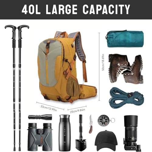 Waterproof Hiking Backpack, 40L Camping Backpack with Rain Cover, Large Outdoor Sport Travel Daypack for Men Women, Yellow — view 2
