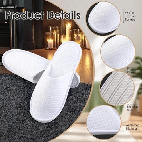 Vivantia 6 Pairs Disposable Hotel Home Spa Guests Slippers,White Waffle Deluxe Closed Toe Slippers Washable and Foldable for Travel Home Spa Party — view 6