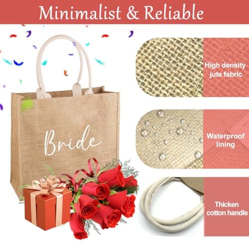 SwirlColor Bride Bag, Minimalist and Reliable Jute Tote Bag Hen Party Bags Bride Gift Bag for Wedding Day Bridal Shower, Suitable for Grocery Picnic Beach Holiday (Brown Bride) — view 3