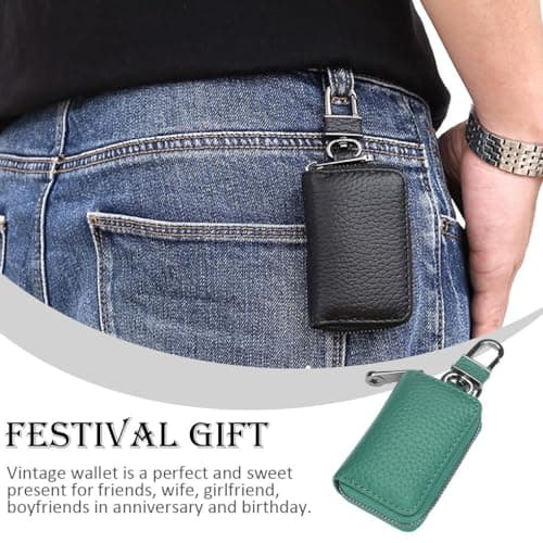 Zymoplas Retro Leather Wallet Portable Beach Door Car Keys Purse Fashion Soft Credit Card Organizer Pocket Holder Women Men, Green — view 3