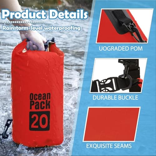 MOMAHUA 30L Waterproof Dry Bag Backpack with Double Shoulder Straps - Red Durable PVC Roll Top Dry Sack - Heavy Duty Reusable Rucksack for Kayaking, Boating, Beach & Travel — view 3