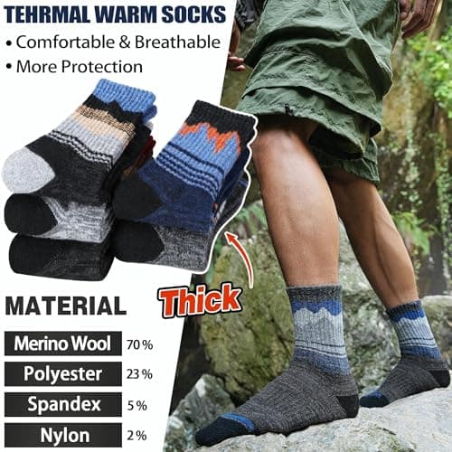 Sandsuced Mens Merino Wool Hiking Socks Thermal Cosy Walking Winter Warm Crew Breathable Socks Stocking Fillers 5 Pairs(Assorted Blue,7-11) — view 4