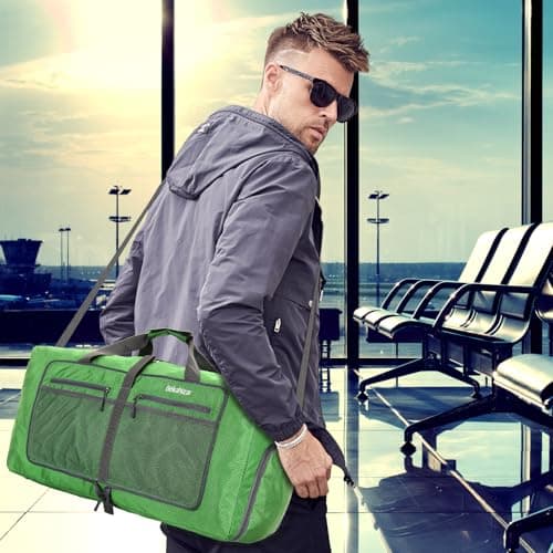 Bekahizar Travel Duffle Bag 60L Lightweight Foldable Holdall Duffels Large Weekend Overnight Bag Packable Carry On Luggage with Shoe Compartment for Men Women Camping Storage Gym Beach (Dark Green) — view 6