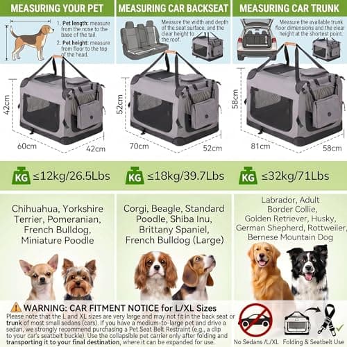 Morpilot Large Dog & Cat Carrier | Soft-Sided Pet Travel Crate, Foldable Dog Car Crate, with Collapsible Bowl & Storage Pockets, M, Grey, (Max 12kg) — view 3