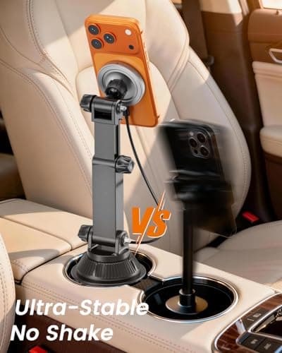 OHLPRO for MagSafe Car Charger Cup Holder Mount, 15W Fast Wireless Magnetic Charging Phone Holder for iPhone 17 16 15 14 13Series, Adjustable Car Mount with Large Cup Base, One-Hand Operation, Silver — view 3