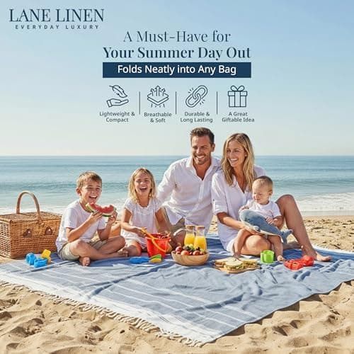 LANE LINEN Big Beach Blanket XL – Turkish Cotton Oversized Quick Dry Towel – XXL Sand Free 208x208 cm Towel for Camping, Travel, Beach, and Picnic Essentials - Navy Blazer — view 4