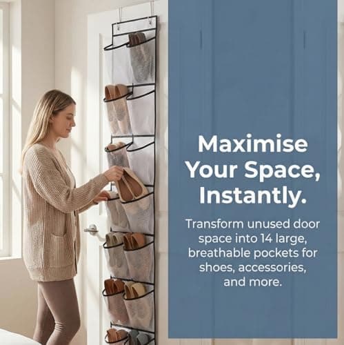 Merzio Over the Door Shoe Organiser with 14 Large Pockets, Versatile Hanging Shoe Storage Rack for Wardrobe, Closet, Bathroom - Space Saving Solution — view 5