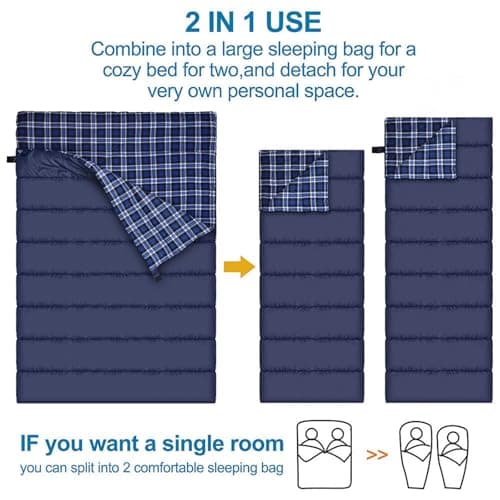 Agemore Cotton Flannel Double Sleeping Bag For Camping, Backpacking, Or Hiking. Queen Size 2 Person Waterproof Sleeping Bag For Adults Or Teens. Truck, Tent, Or Sleeping Pad, Lightweight — view 3