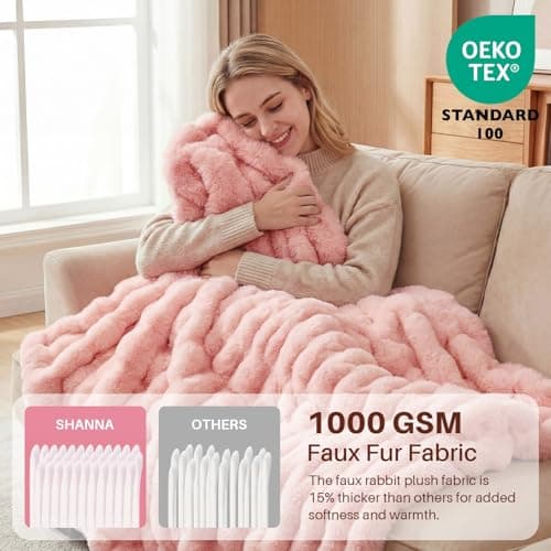 SHANNA Soft Warm Rabbit Plush Fleece Blankets Thick 1000 GSM Throws for Sofa Large Fluffy Versatile Blanket Bed Throw for Bedroom, Couch, Travel, Kids, Camping (Pink, 100 * 160cm) — view 3