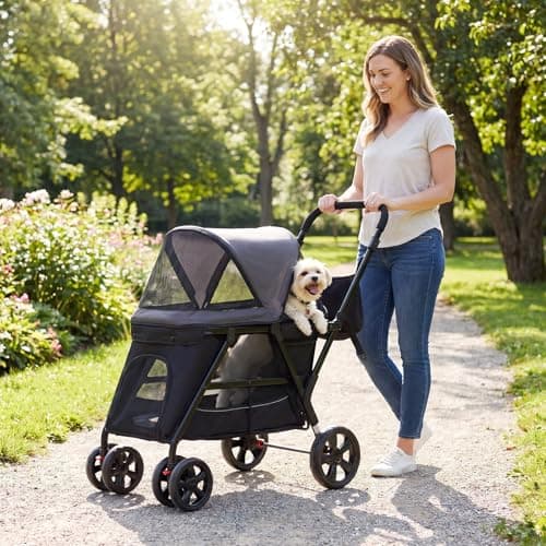 Maxmass Pet Stroller, Travel Dog Buggy with Adjustable Canopy, Safety Belt, Dual Entry and Ramp, Foldable Puppy Pushchair for Small Medium Dogs Cats — view 2