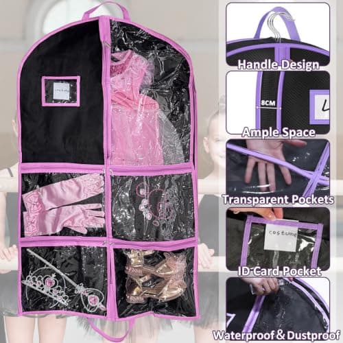 RIDESAIPU Dance Costume Garment Bag,Garment Bags with 4 Clear Zipper Pockets,Kids Hanging Clothes Cover for Girls 60x100cm(Pink,1 Pack) — view 3